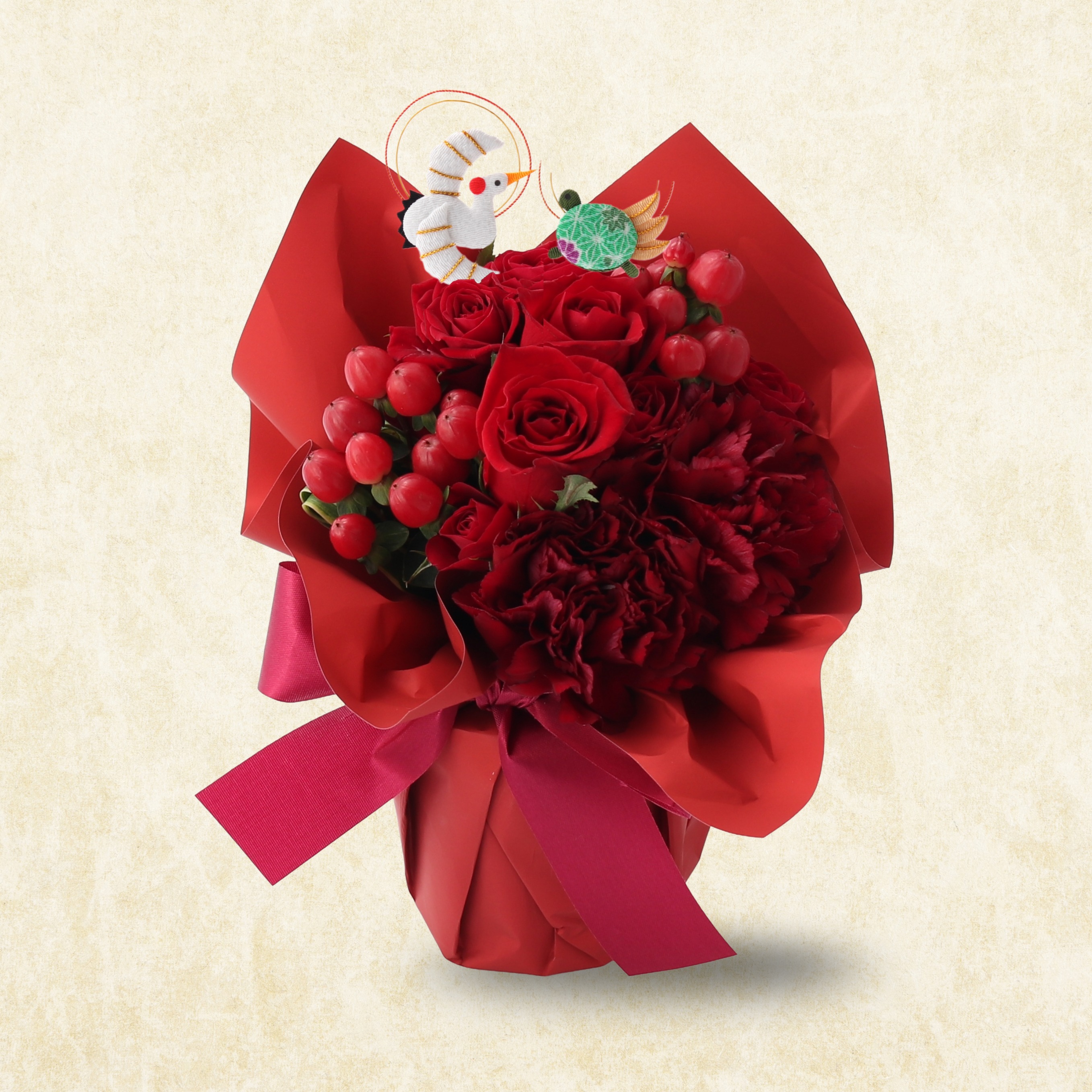 名入れ・還暦祝】そのまま飾れる生花アレンジメントと刺繍テディベア